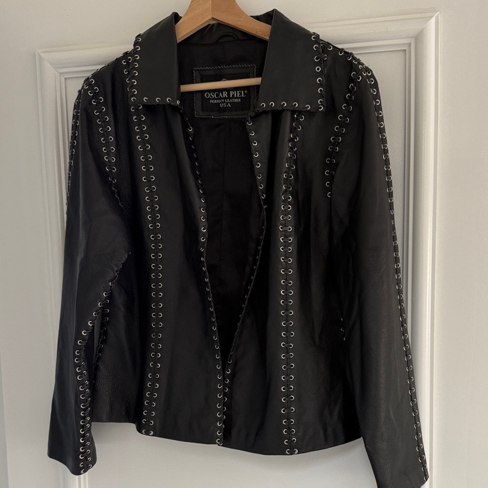 Oscar Piel Inspired Black Eyelet Leather Jacket